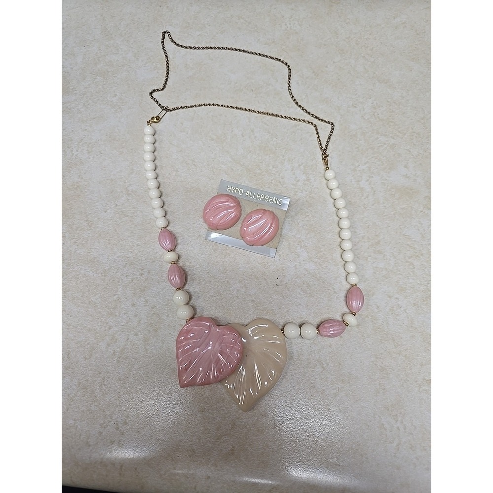 Vintage Pink Cream Leaf Heart Necklace & Earring Set Hypo-Allergenic Shabby Chic